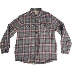 Field & Stream Men's Sherpa Fleece Coat Button Plaid M Grey Gray Red 100% Cotton